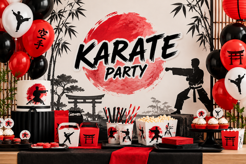 Karatė tematikos gimtadienio dekoracijos Karate Party dekoracijos vaikų gimtadieniui Karatė gimtadienio šventė raudona juoda ir balta