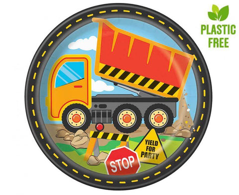 vienkartinės lėkštės su mašina sunkvežimis statybos