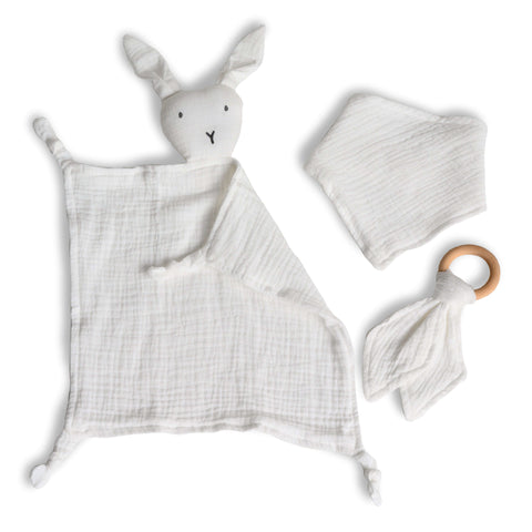 dovanų rinkinys kūdikiui mikdukas zuikis žaislas seilinukas kaklaskarė