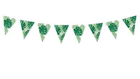 Vėliavėlių juosta "Aloha" su lapų motyvais, 8 vėliavėlės, aukštis 15 cm, ilgis 1.3 m, puikiai tinka vakarėlių dekorui.