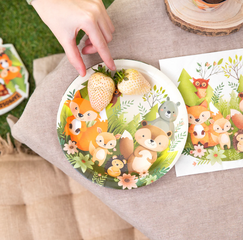 lėkštės miško žvėreliai gimtadienio tema miškas gyvūnai šventinė atributika pirmas gimtadienis antras