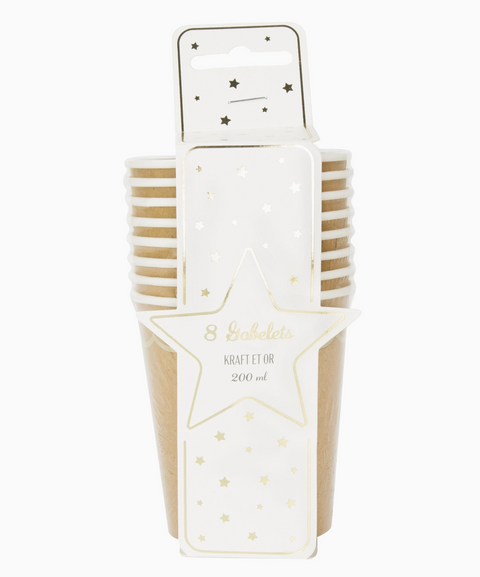 kraft popieriaus puodeliai gimtadieniui sventems indai rudi popieriniai su aukso juosta