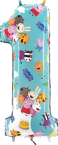 Žydras folinis balionas skaičius 1 su „Peppa Pig“ personažais ir gimtadienio tortu.