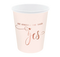 Rožinės spalvos popieriniai puodeliai su užrašu "He asked and she said yes" - puikiai tinka mergvakario šventei. Talpa 220 ml. mergavakariui dekoras idejos