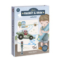 „Little Dutch Jim & Vehicles“ magnetinio piešimo rinkinio pakuotė su berniuku Jim ir transporto priemonių iliustracijomis."